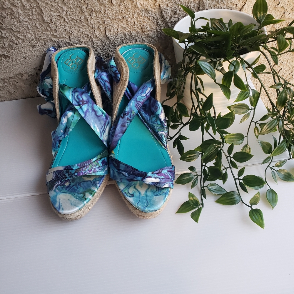 BCBG Blue Watercolored Lace up Wedges. Size 8